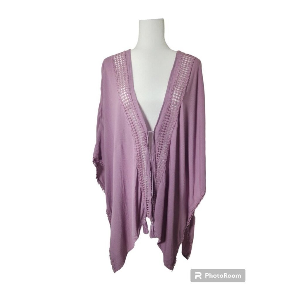 Treasure & Bond Womens OS Short Sleeve Kimono Cover Up Color Purple With Tie